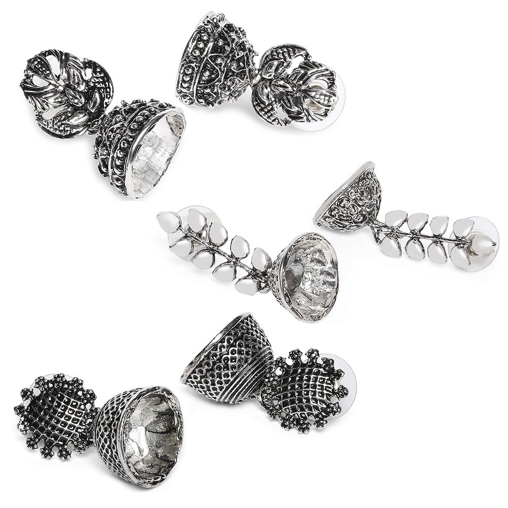 Mahi Combo of Traditional Ethnic Oxidized Silver Alloy Jhumka Earrings for Women (CO1105173R)