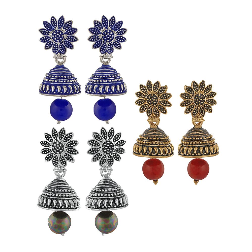 Mahi Combo of Three Traditional Ethnic Jhumka Floral Earrings with Artificial Beads (CO1105180M)