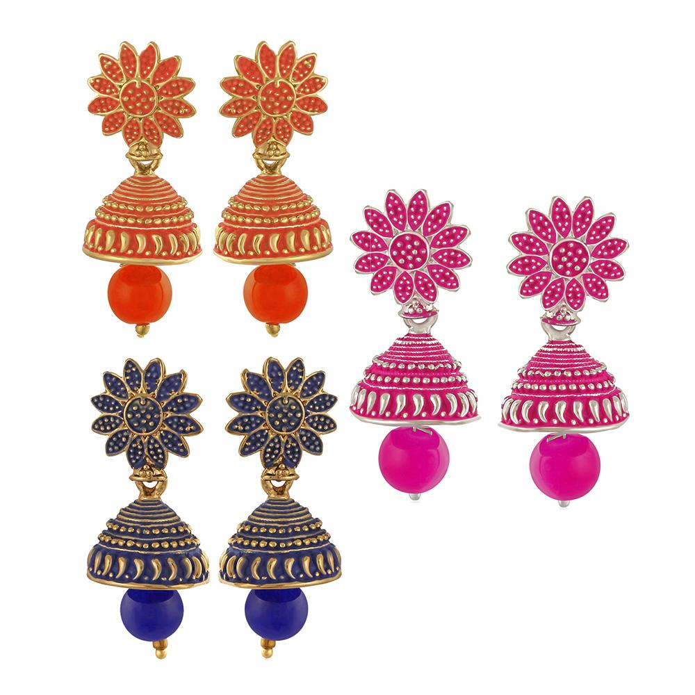 Mahi Combo of Three Traditional Ethnic Jhumka Floral Earrings with Artificial Beads (CO1105183M)