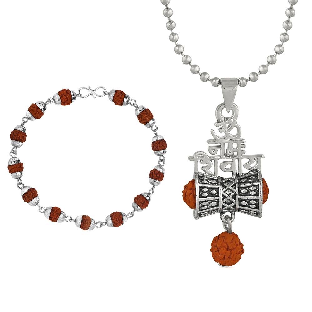 Mahi Combo of Om Nammo Shivay Pendant and Silver Color Cap Bracelet with Rudrakshaa for Men (CO1105188R)
