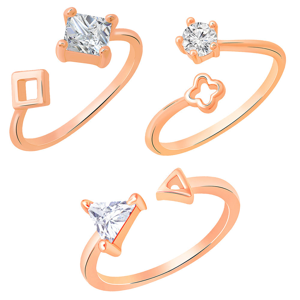 Mahi Rose Gold Plated Combo of 3 Geometrical Shapes Adjustable Finger Rings with Cubic Zirconia for Women (CO1105443Z)