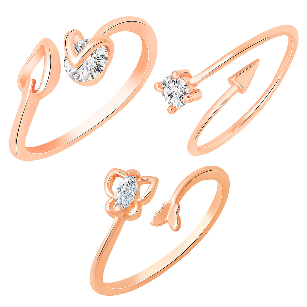 Mahi Rose Gold Plated Combo of 3 Adjustable Finger Rings with Cubic Zirconia for Women (CO1105444Z)