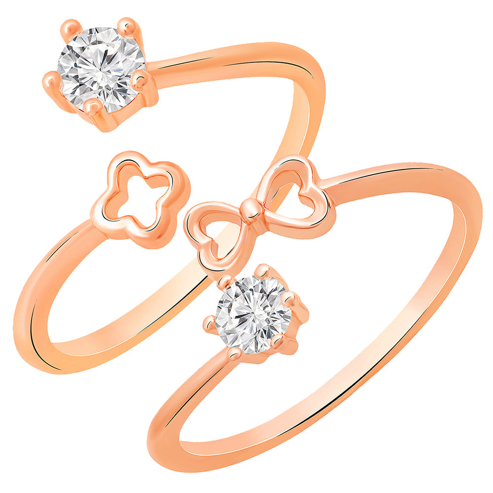 Mahi Rose Gold Plated Combo of 2 Floral and Heart Adjustable Finger Rings with Cubic Zirconia for Women (CO1105446Z)