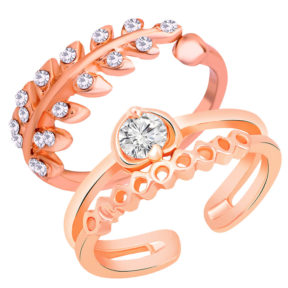 Mahi Rose Gold Plated Combo of Dual Band and Leaves Shaped Adjustable Finger Ring Cubic Zirconia for Women (CO1105447Z)