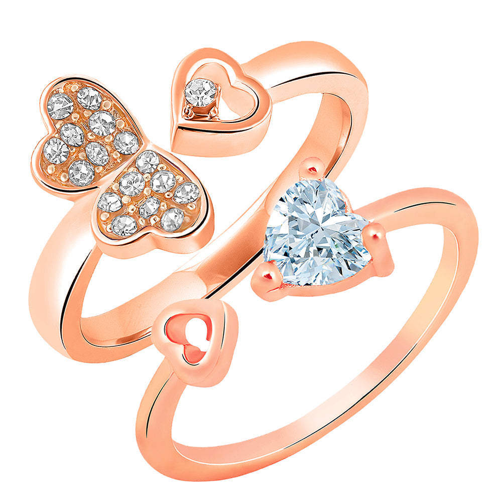 Mahi Rose Gold Plated Combo of 2 Heart Shaped Adjustable Finger Rings with Cubic Zirconia for Women (CO1105449Z)