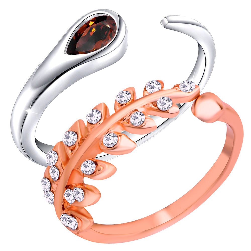 Mahi Combo of Open Wrap and Leaves Shaped Adjustable Finger Rings with Cubic Zirconia for Women (CO1105450M)
