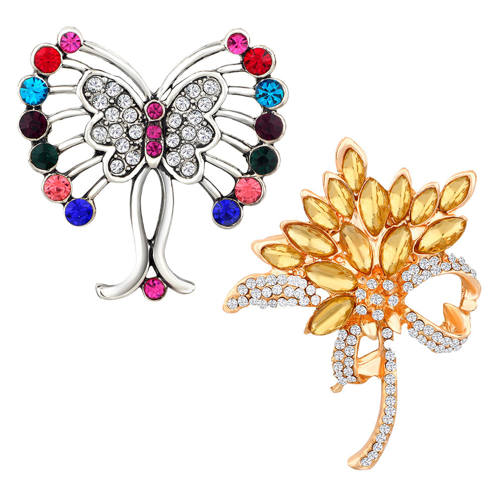 Mahi Combo of Floral and Butterfly Shaped Wedding Brooch / Lapel Pin with Multicolor Crystals for Women (CO1105453M)