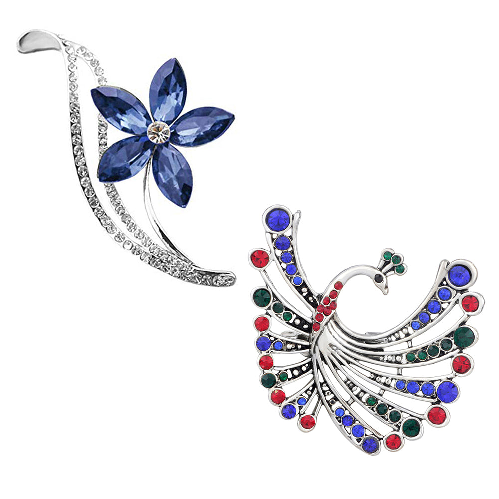 Mahi Combo of Floral and Peacock Shaped Wedding Brooch / Lapel Pin with Multicolor Crystals for Women (CO1105454R)