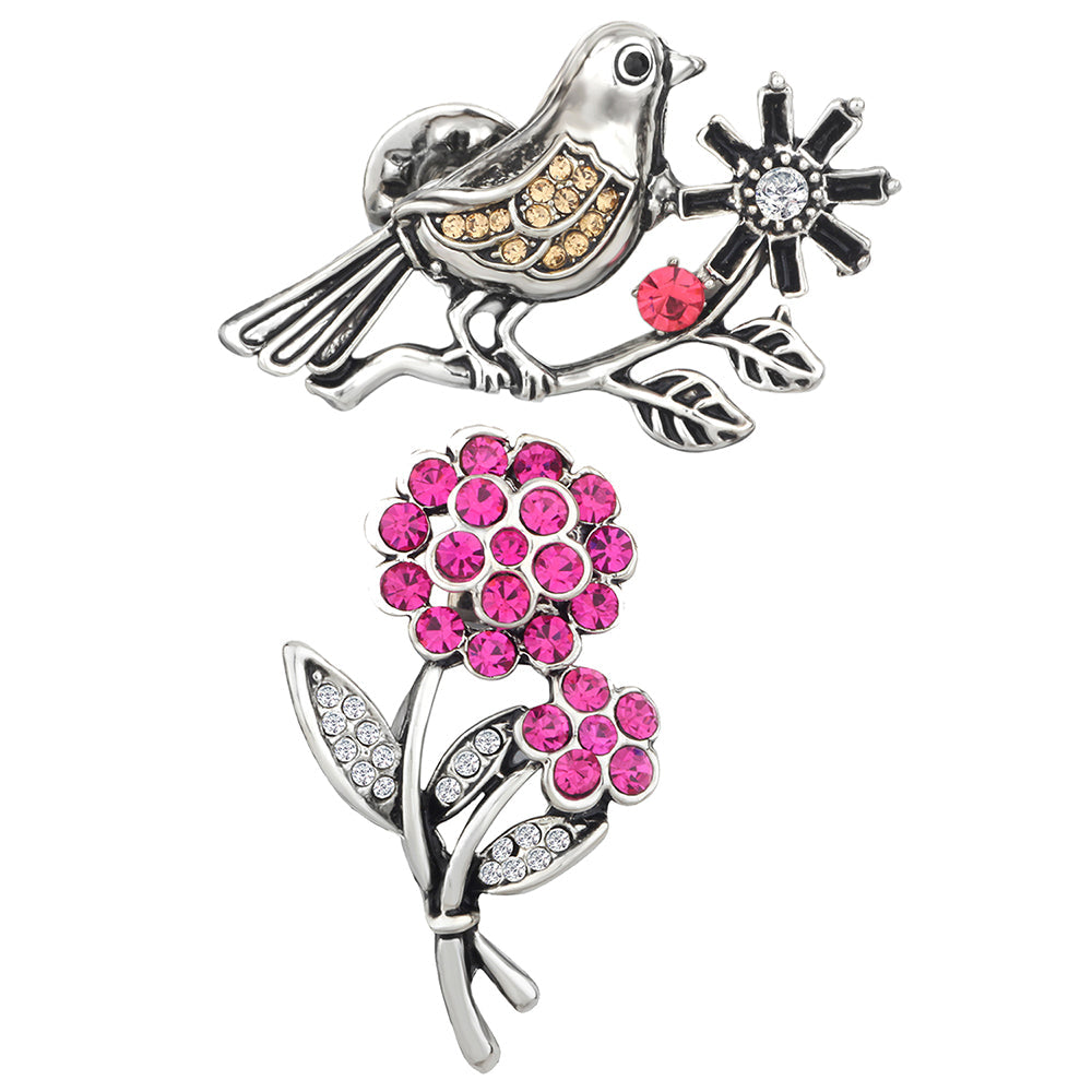 Mahi Combo of Floral and Sparrow Shaped Wedding Brooch / Lapel Pin with Pink, White Crystals for Women (CO1105459R)