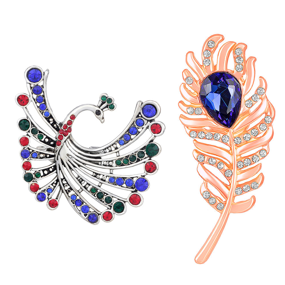 Mahi Combo of Peacock and Peacock Feather Shaped Wedding Brooch / Lapel Pin with Multicolor Crystals for Men and Women (CO1105464M)