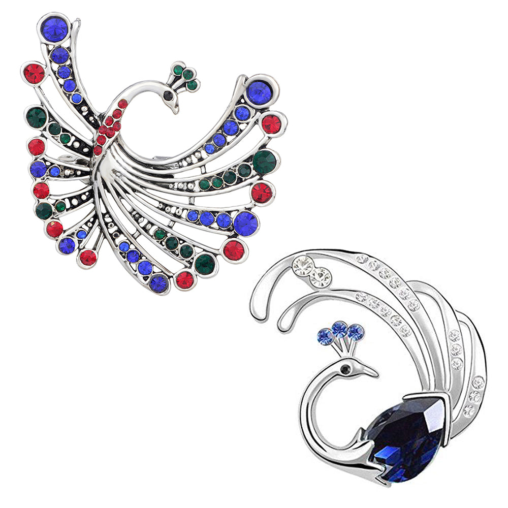Mahi Combo of Flying Peacock Shaped Wedding Brooch / Lapel Pin with Multicolor Crystals for Women (CO1105467R)