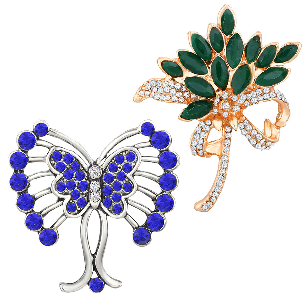 Mahi Combo of Floral and Butterfly Shaped Wedding Brooch / Lapel Pin with Multicolor Crystals for Women (CO1105475M)