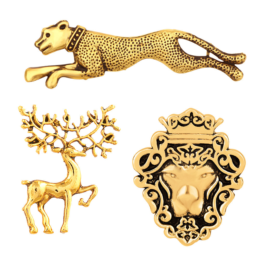 Mahi Combo of Deer, Jaguar and Lion Face Shaped Wedding Brooch / Lapel Pin for Men (CO1105478G)