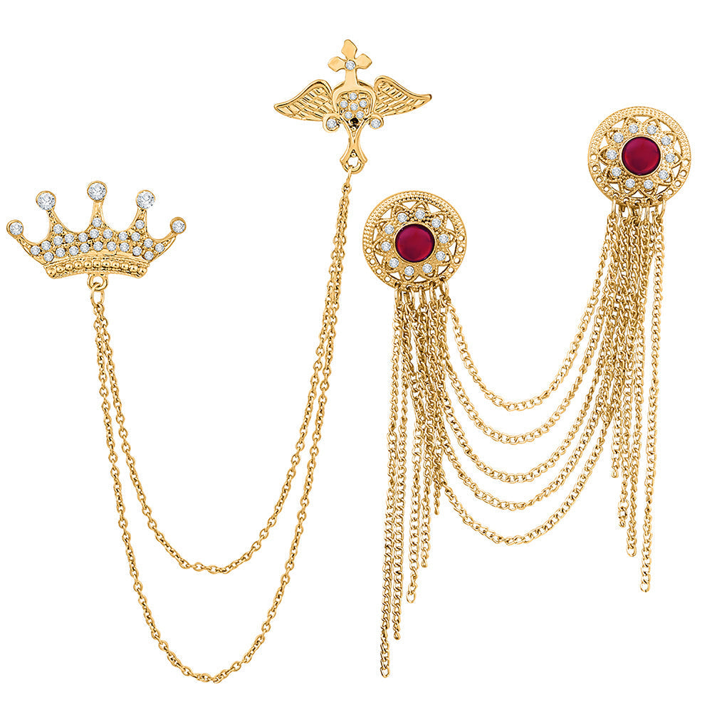 Mahi Combo of Layered Chains and Crown Shape Wedding Brooch with Maroon, White Crystals for Men (CO1105481G)