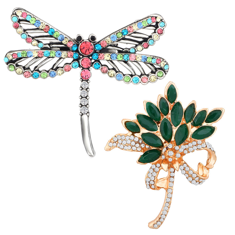 Mahi Combo of Floral and Butterfly Shaped Wedding Brooch / Lapel Pin with Multicolor Crystals for Women (CO1105483M)