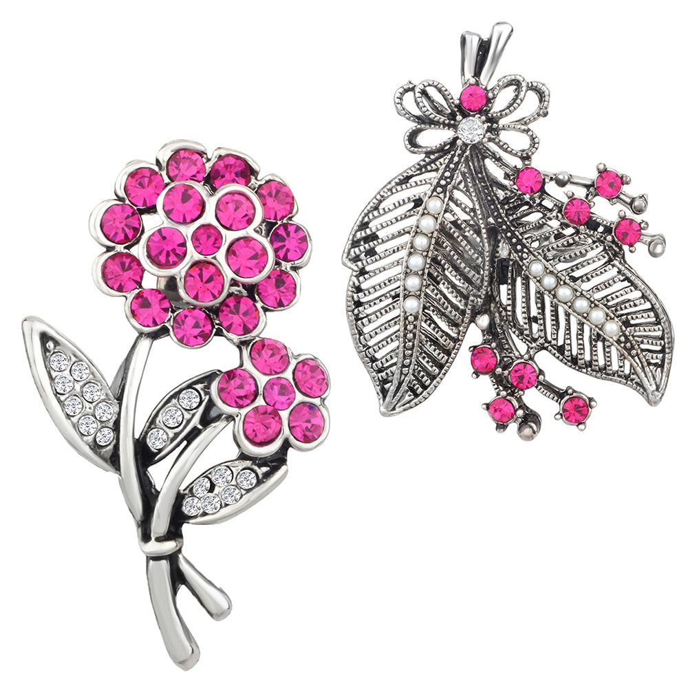 Mahi Combo of Floral and Leaves Wedding Brooch / Lapel Pin with Pink, White Crystals for Women (CO1105495R)