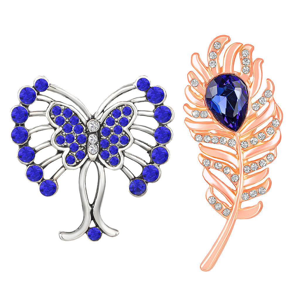 Mahi Combo of Peacock Feather and Butterfly Shaped Wedding Brooch / Lapel Pin with Blue, White Crystals for Women (CO1105500M)