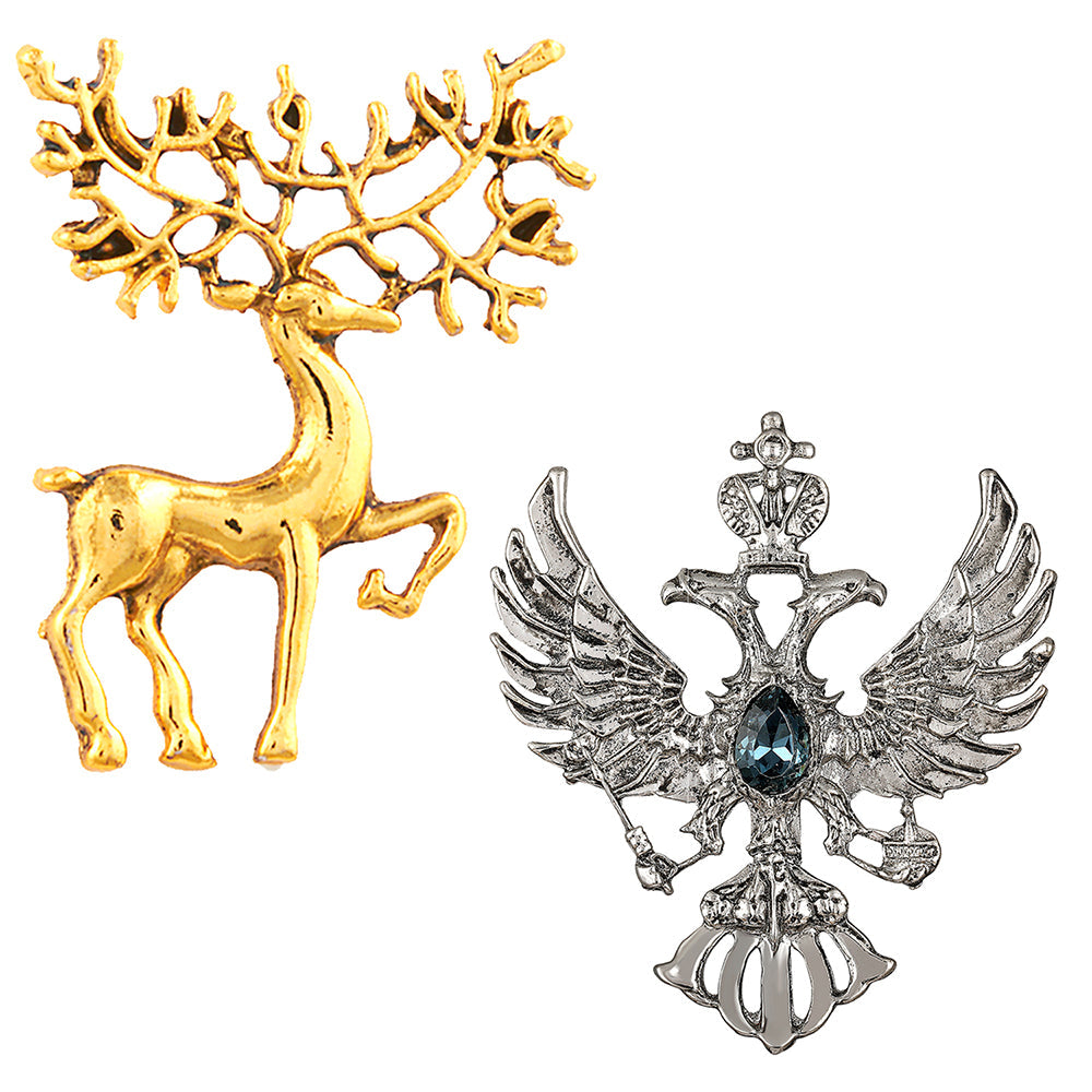 Mahi Combo of Deer and Dual Eagle Head Shaped Wedding Brooch / Lapel Pin with Blue Crystals for Men (CO1105503M)