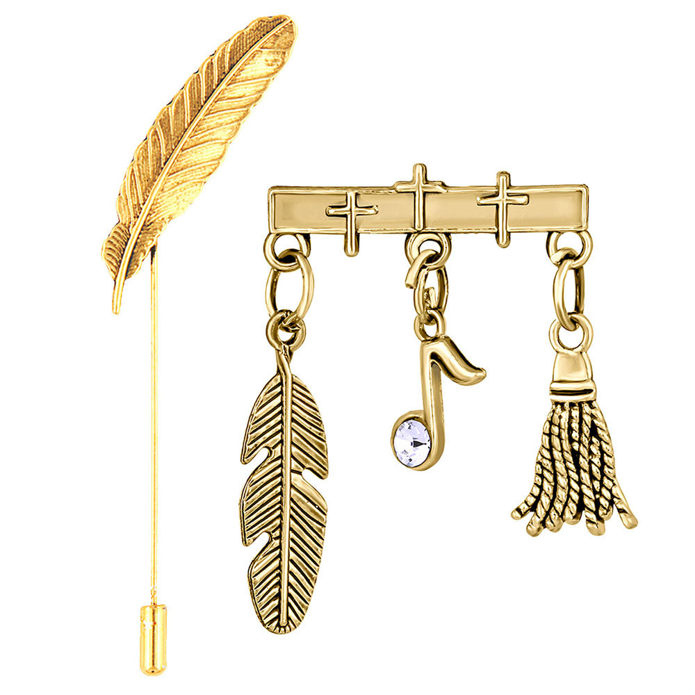 Mahi Combo of Leaf and Musical Note, Feather Charms Wedding Brooch / Lapel Pin with White Crystals for Men (CO1105510G)