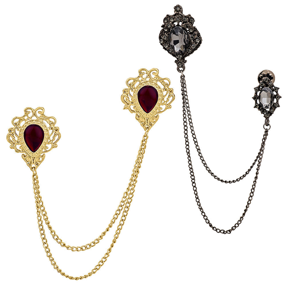 Mahi Combo of Layered Chains Wedding Brooch with Black, Maroon Crystals for Men (CO1105511M)