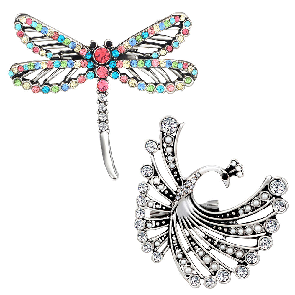 Mahi Combo of Butterfly and Flying Peacock Shaped Wedding Brooch / Lapel Pin with Multicolor Crystals for Women (CO1105512R)