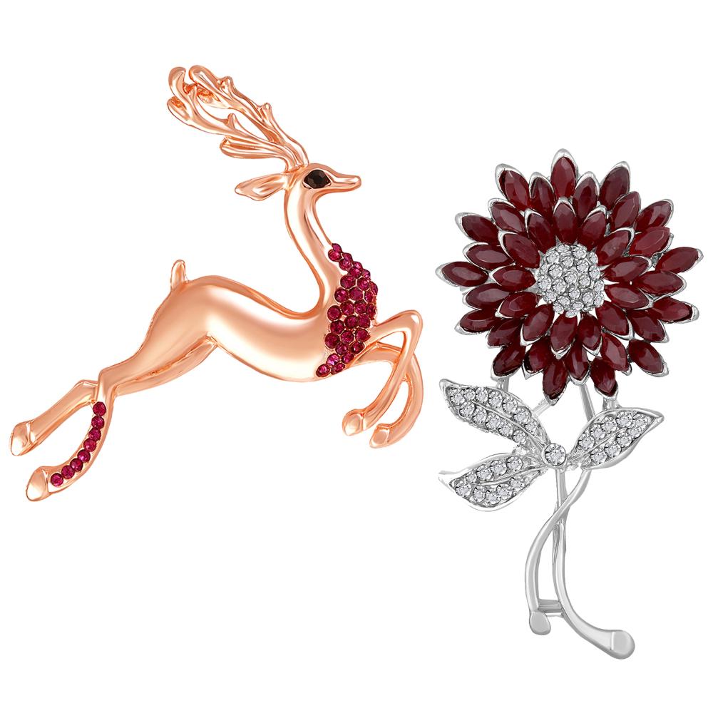 Mahi Combo of Brown and white Crystals Floral, Deer-Shaped Wedding Brooch