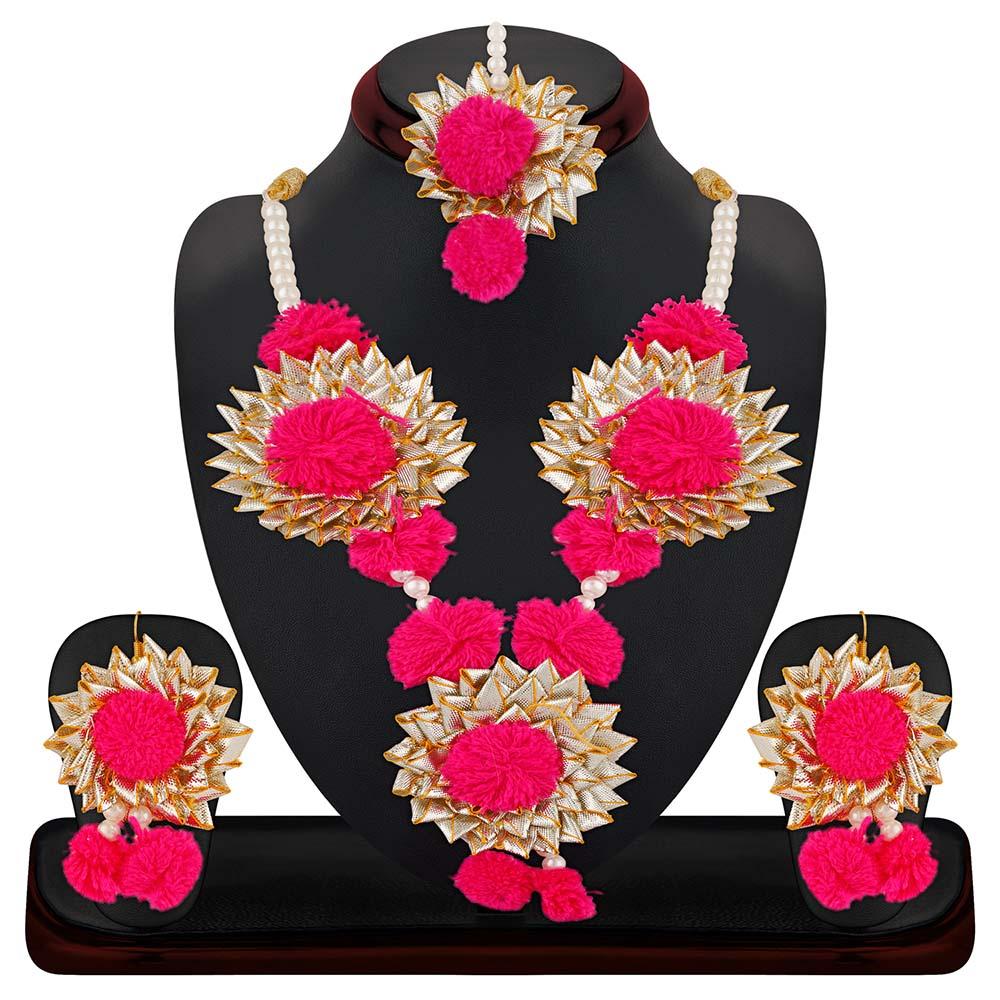 Mahi Gotta Patti Red Floret Pearl Jewellery Set Combo