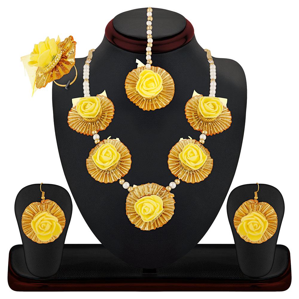 Mahi Gotta Patti Yellow Floret Pearl Jewellery Set Combo