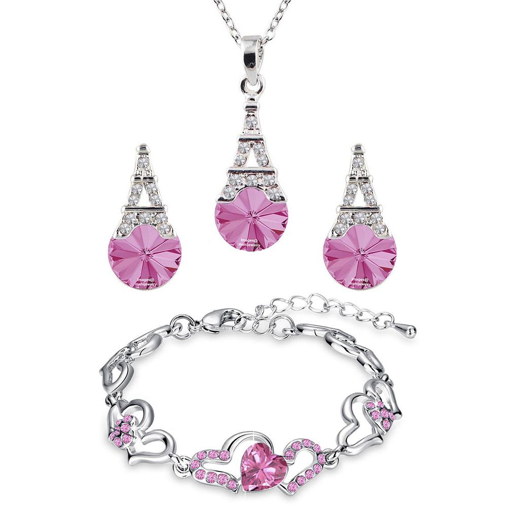 Mahi Combo of Pink Lovely Heart Link Bracelet and Eiffel Tower Pendant set