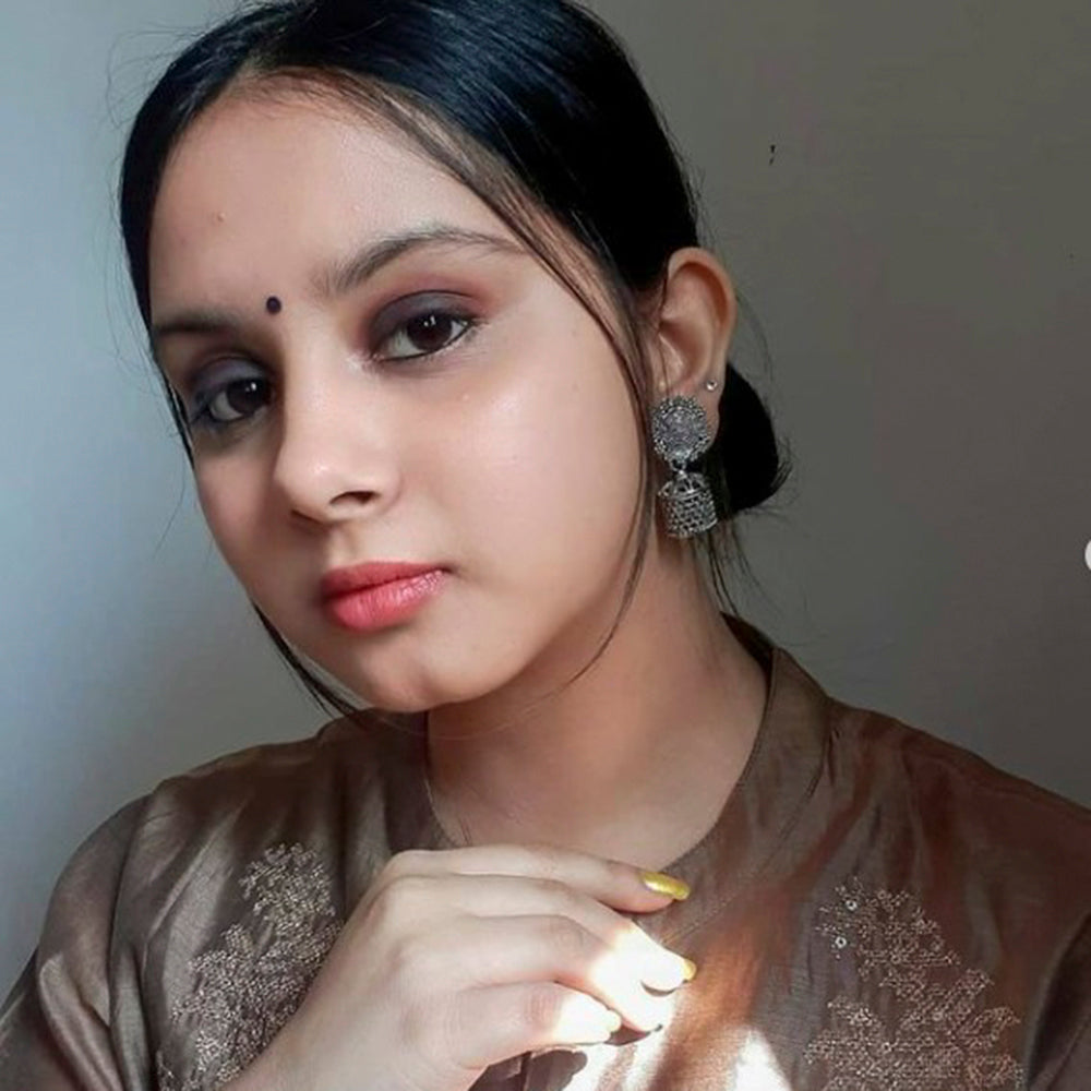 Diksha Wearing Woma Floral Oxidised Plated Jhumki Earrings