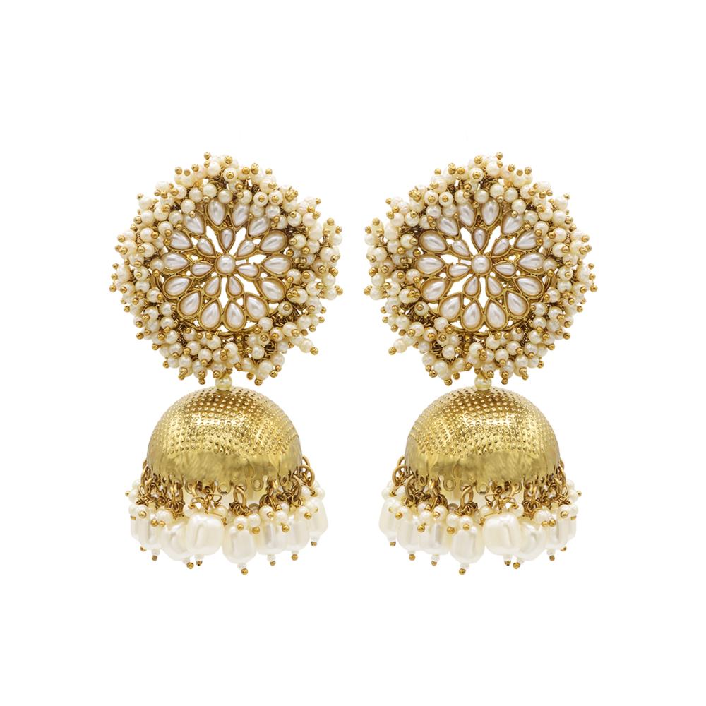 Asmitta Kundan Beaded Floral Gold Toned Dome Shape Jhumki Earring For Women