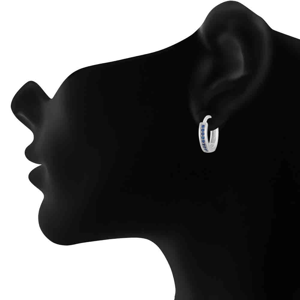 Mahi Rhodium plated Medium Single line Blue CZ stone Huggies Hoops Earrings for Women