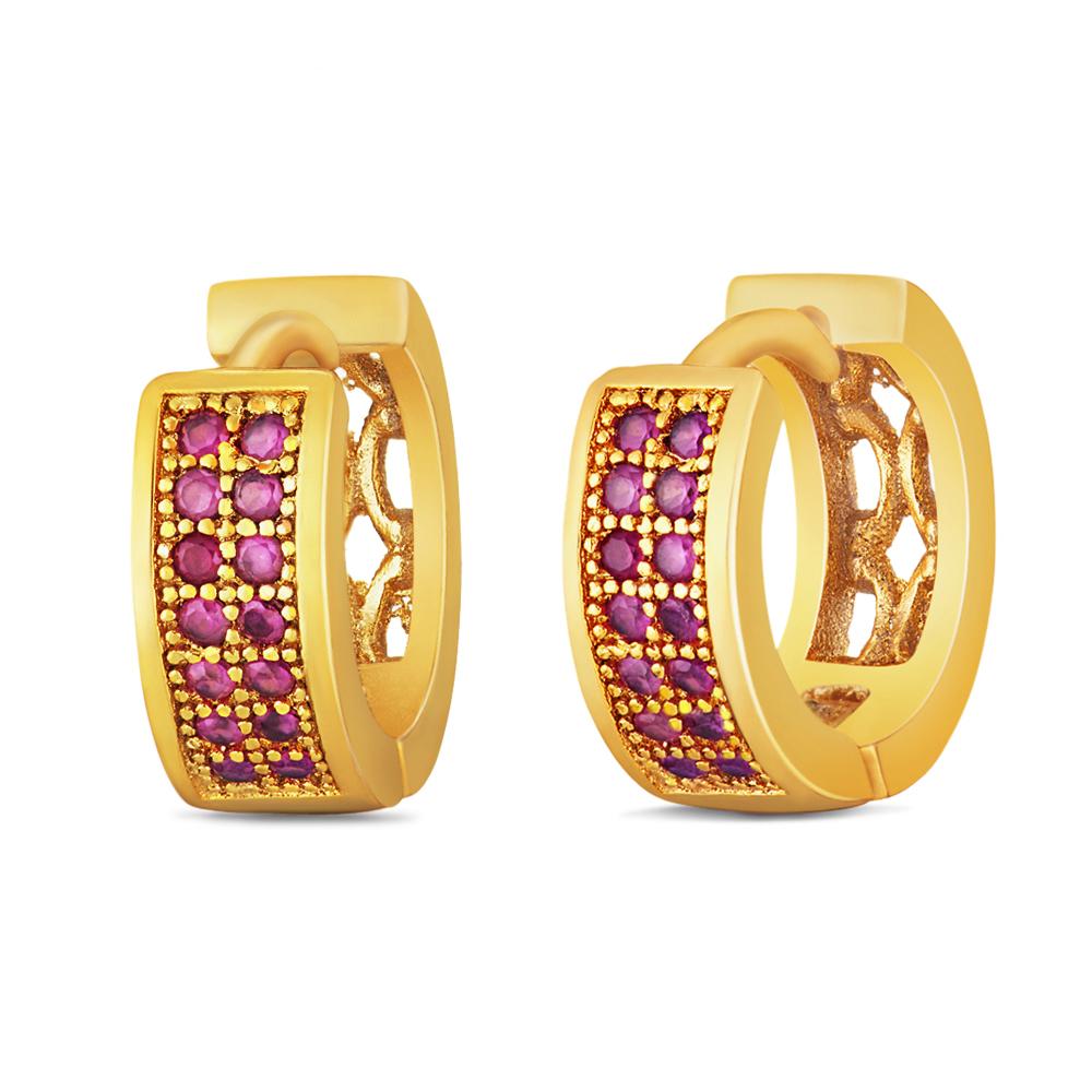 Mahi Gold plated Small Double line Red CZ Stone Huggies Hoops Earrings for Women