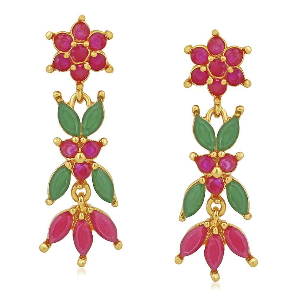 Mahi Gold Plated Floral Designer Long Dangler Earrings