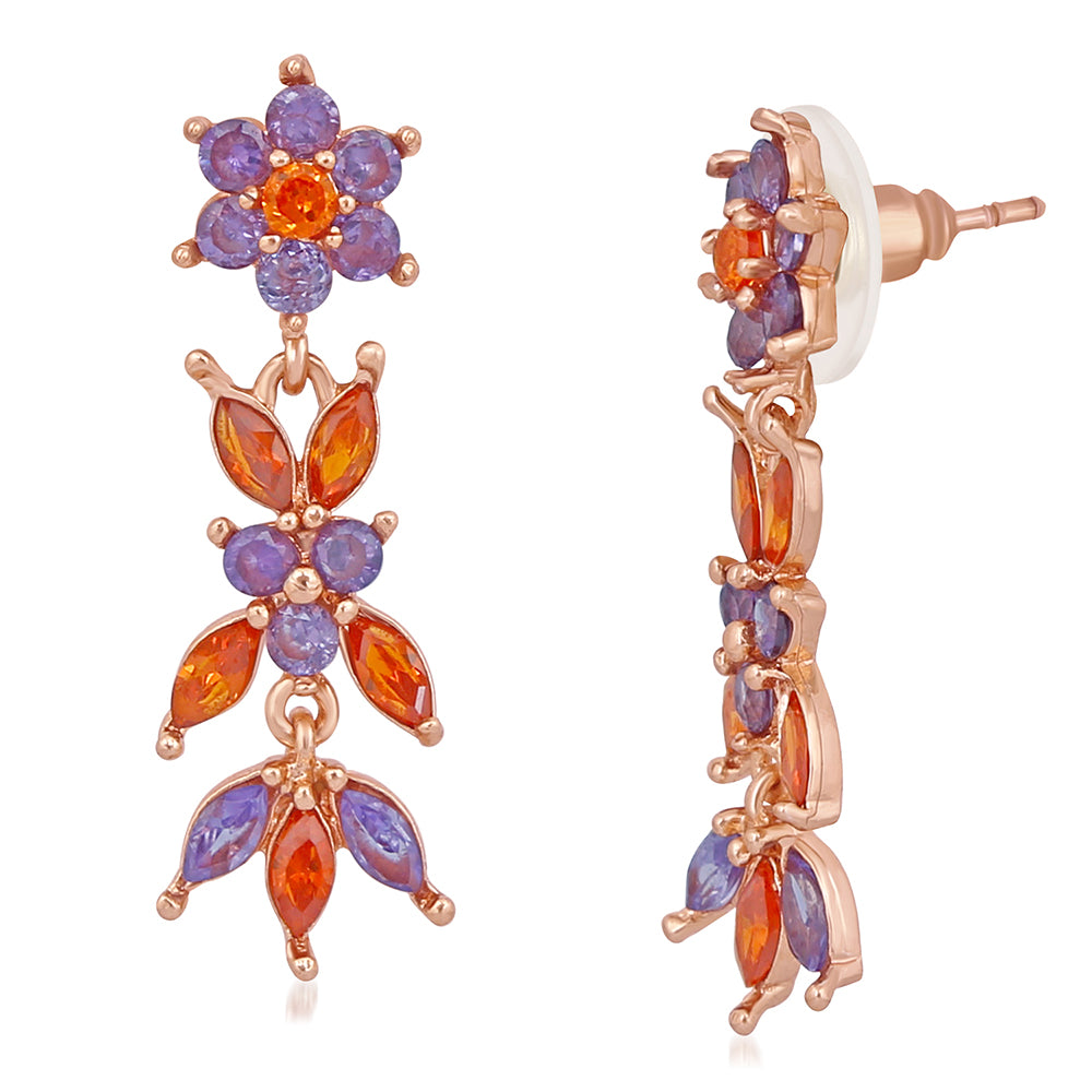 Mahi Rose Gold Plated Floral Designer Long Dangler Earrings
