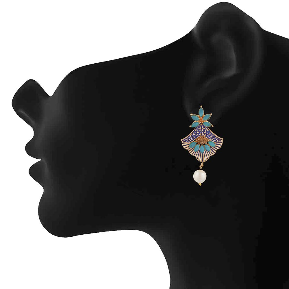Mahi Meenakari Work Rosegold Plated Floral Dangler Earrings with Crystal and Artificial Pearl for Womens (ER1109672Z)
