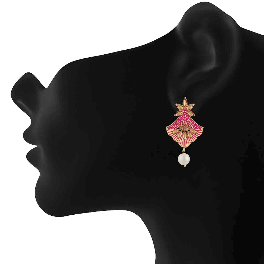 Mahi Meenakari Work Floral Dangler Earrings with Crystal and Artificial Pearl for Womens (ER1109673G)