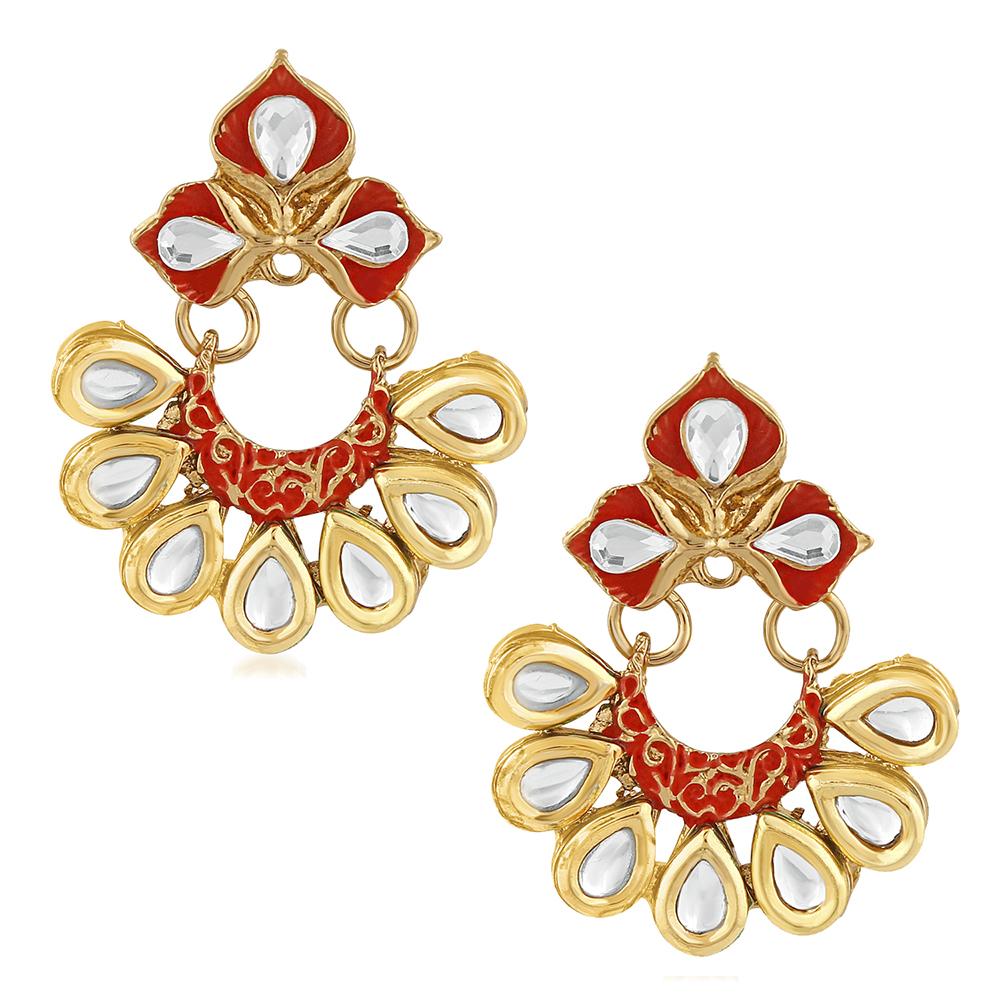 Mahi Traditional Floral Chandbali Kundan and Orange Meenakariwork Earrings for Women (ER1109678G)