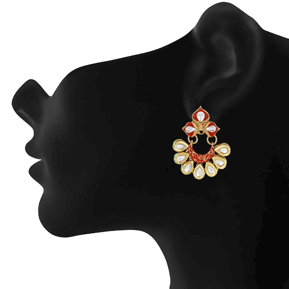 Mahi Traditional Floral Chandbali Kundan and Orange Meenakariwork Earrings for Women (ER1109678G)