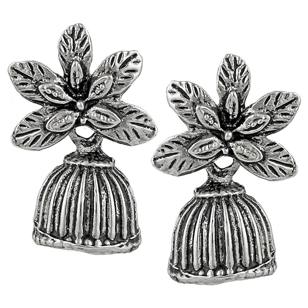 Mahi Floral Shape Silver Oxidized Traditional Small Dangle Jhumka Earrings for Women (ER1109680R)