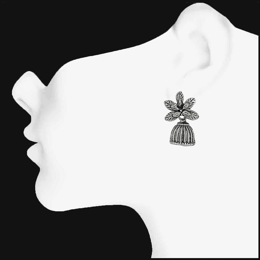 Mahi Floral Shape Silver Oxidized Traditional Small Dangle Jhumka Earrings for Women (ER1109680R)