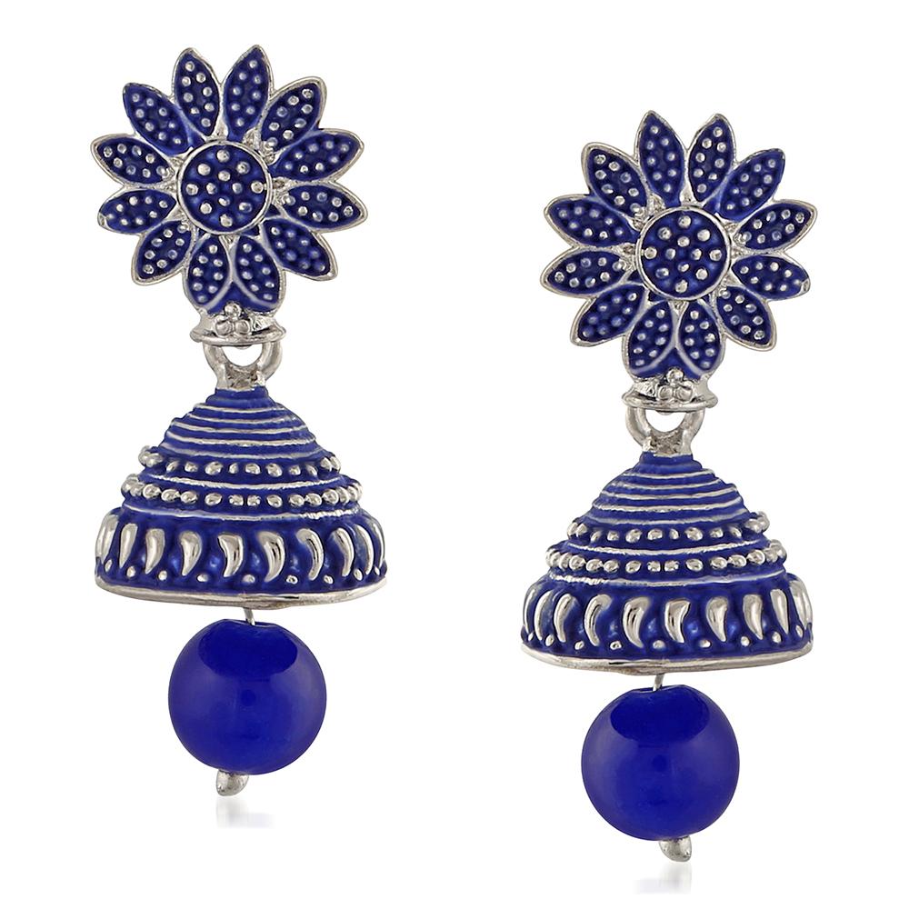 Mahi Meenakari Work Blue Artificial Bead Floral Jhumka Drop Earrings for Women (ER1109684R)