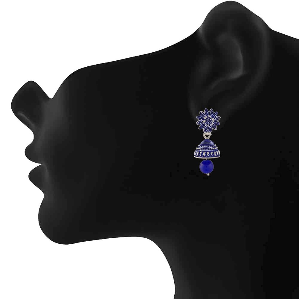 Mahi Meenakari Work Blue Artificial Bead Floral Jhumka Drop Earrings for Women (ER1109684R)