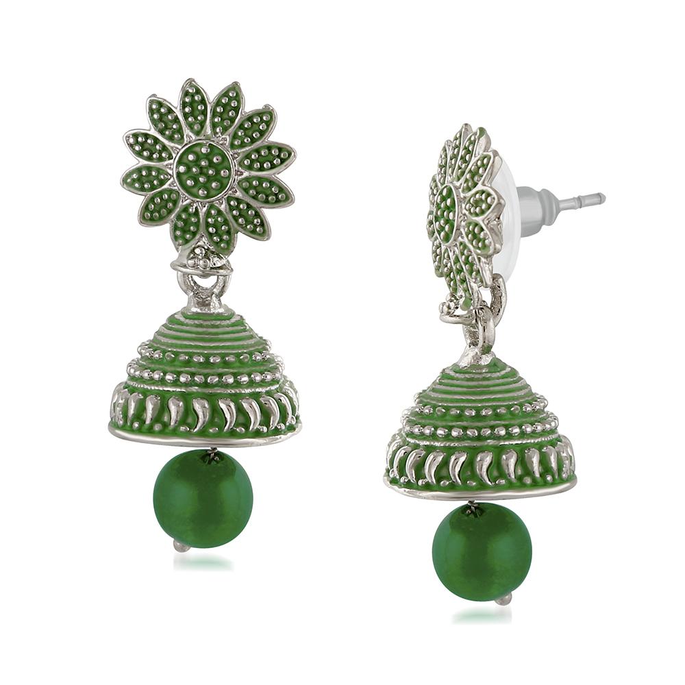 Mahi Meenakari Work Green Artificial Bead Floral Jhumka Drop Earrings for Women (ER1109685R)