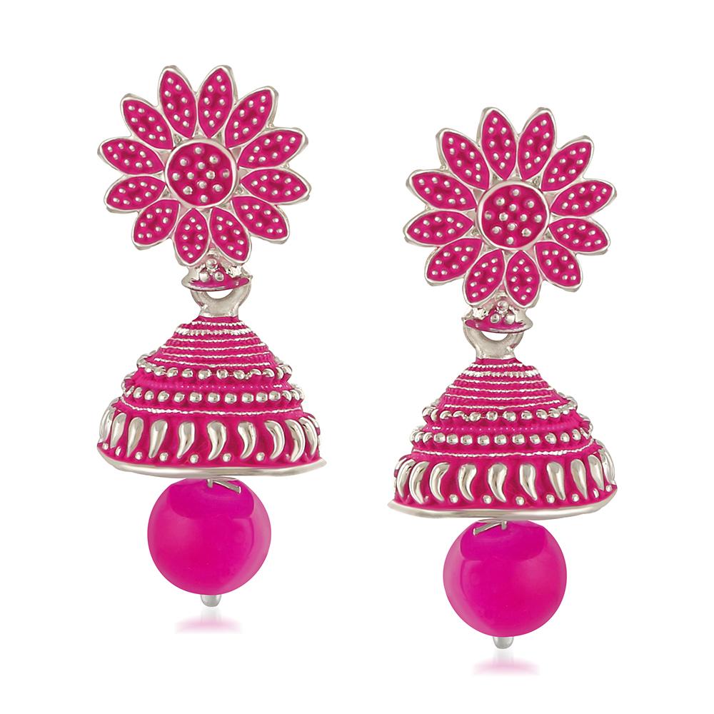 Mahi Meenakari Work Pink Artificial Bead Floral Jhumka Drop Earrings for Women (ER1109686R)