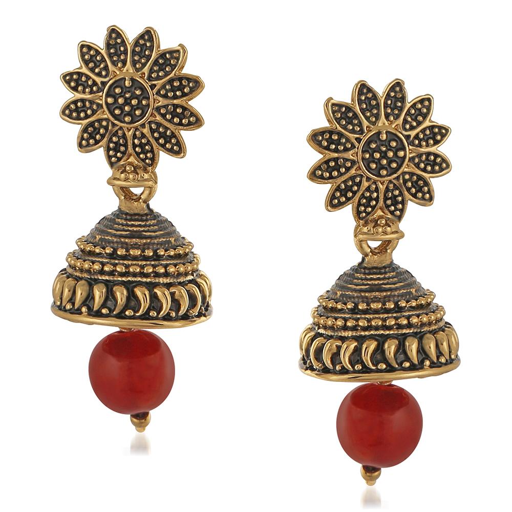 Mahi Meenakari Work Red Artificial Bead Floral Jhumka Drop Earrings for Women (ER1109689G)