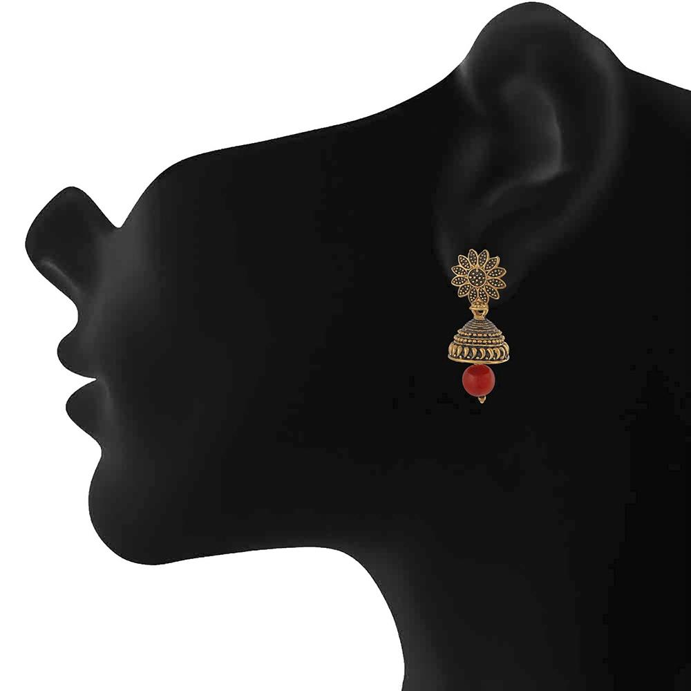 Mahi Meenakari Work Red Artificial Bead Floral Jhumka Drop Earrings for Women (ER1109689G)