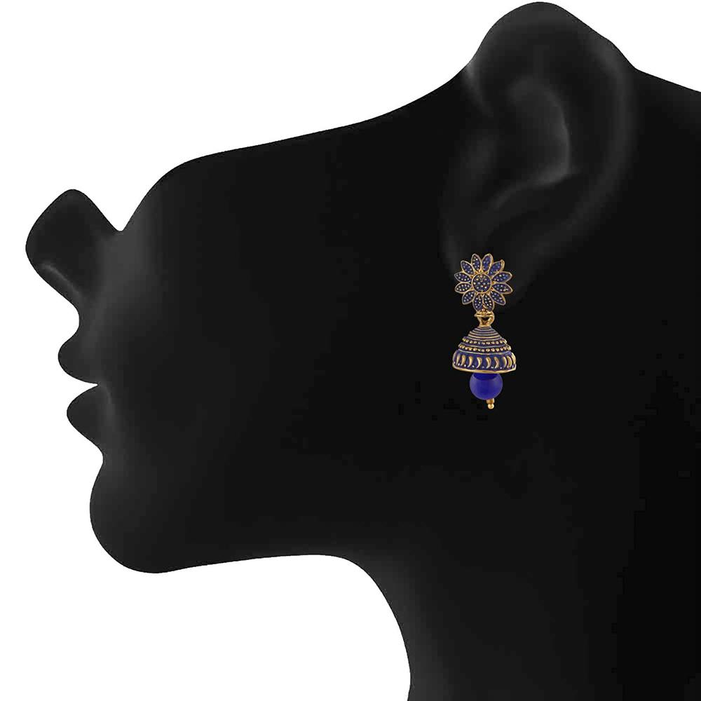 Mahi Meenakari Work Blue Artificial Bead Floral Jhumka Drop Earrings for Women (ER1109690G)