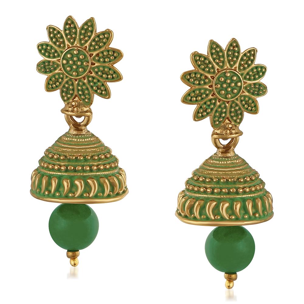 Mahi Meenakari Work Green Artificial Bead Floral Jhumka Drop Earrings for Women (ER1109691G)