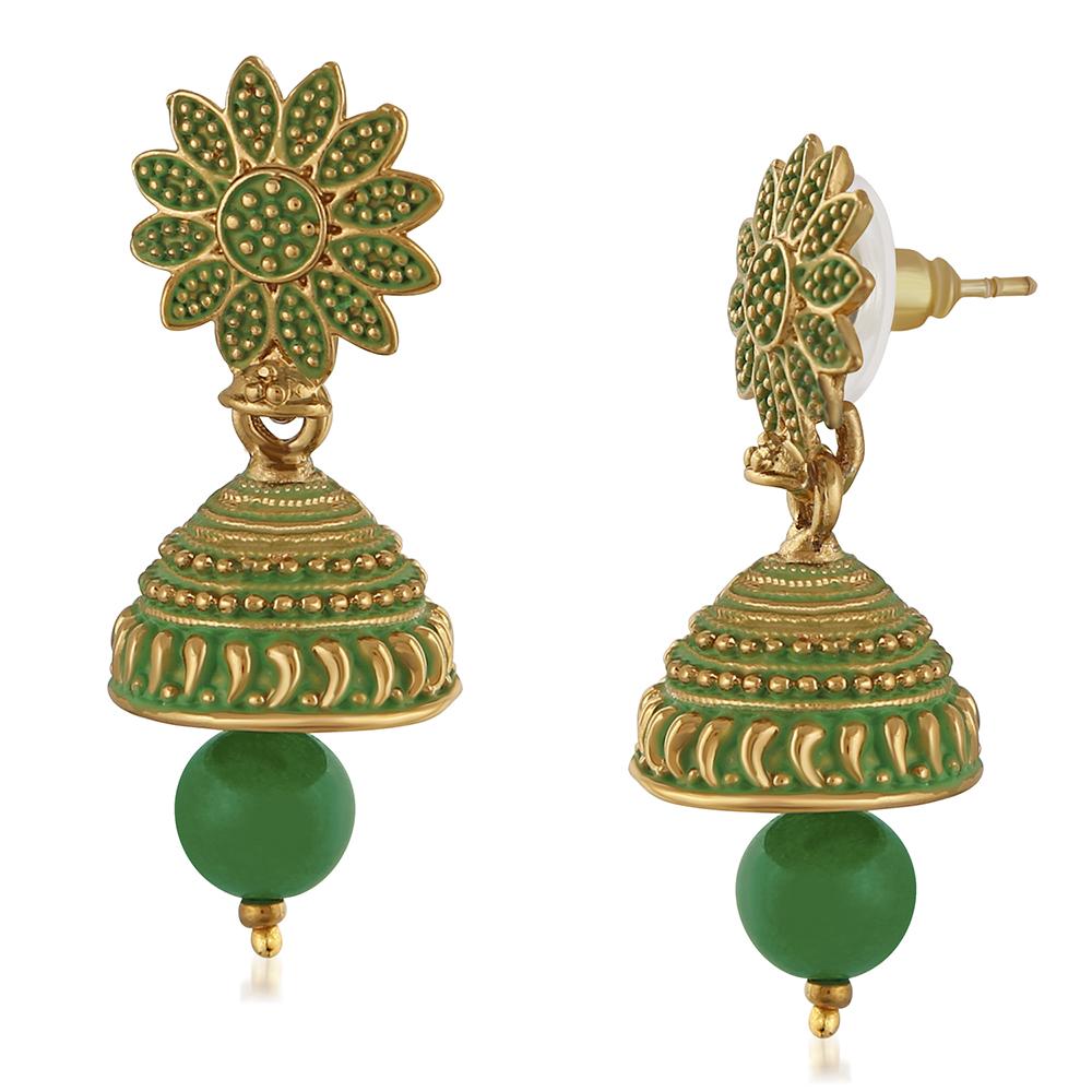 Mahi Meenakari Work Green Artificial Bead Floral Jhumka Drop Earrings for Women (ER1109691G)
